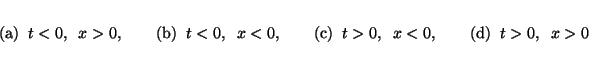 \begin{displaymath}\mbox{(a)}\;\; t < 0, \;\; x > 0, \qquad \mbox{(b)}\;\; t < 0...
...;\; t > 0, \;\; x < 0, \qquad
\mbox{(d)}\;\; t > 0, \;\; x > 0\end{displaymath}