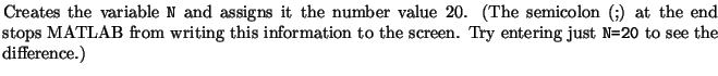 $\textstyle \parbox{14.5cm}{Creates the
variable {\tt N} and assigns it the num...
...formation to the screen.
Try entering just {\tt N=20} to see the difference.)}$